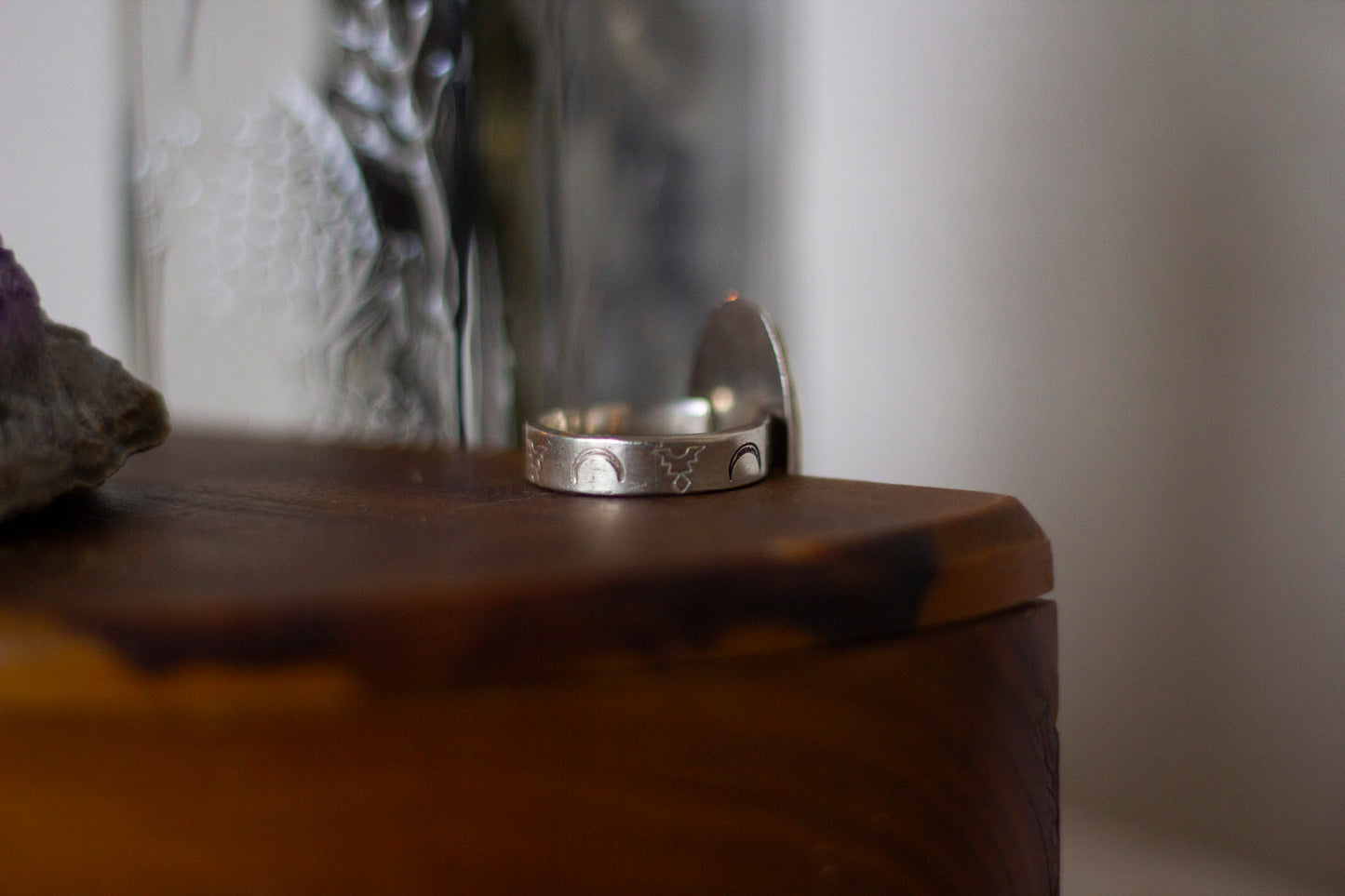 Mystery Stone ✦ Large teal colored oval ring with stamped band ✦ Size 9 ✦ Handmade